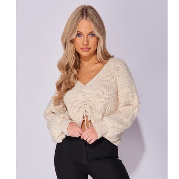 Sweaters - Beige Knitted Long Sleeve V-Neck Ruched Loose Fit Sweater Top